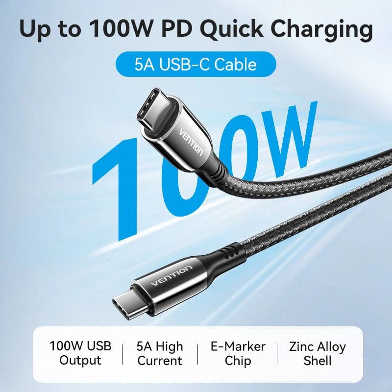 Vention Cotton Braided USB 2.0 C Male to C Male 5A Zinc Alloy Type cable 2m Black