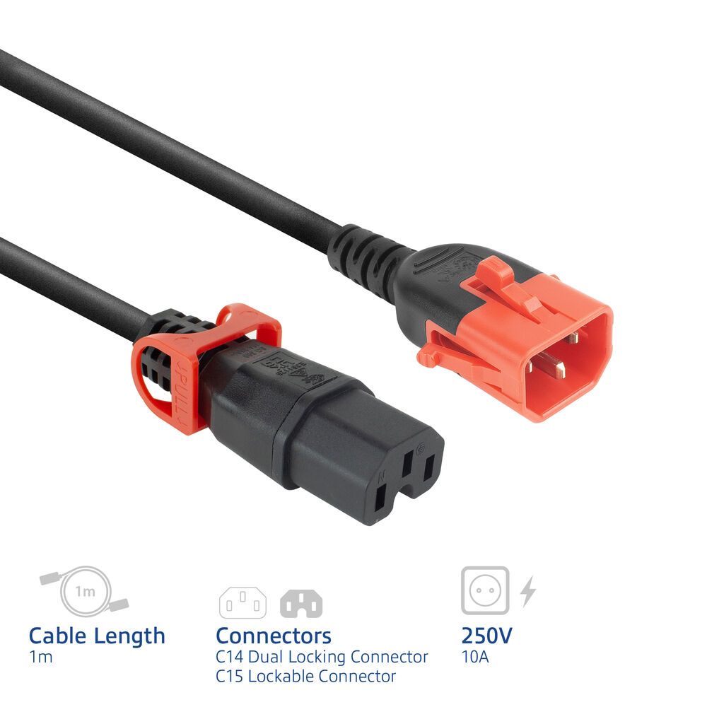 ACT PL0041 Powercord C14 IEC Lock+ Dual Locking - C15 IEC Lock+ 1m Black