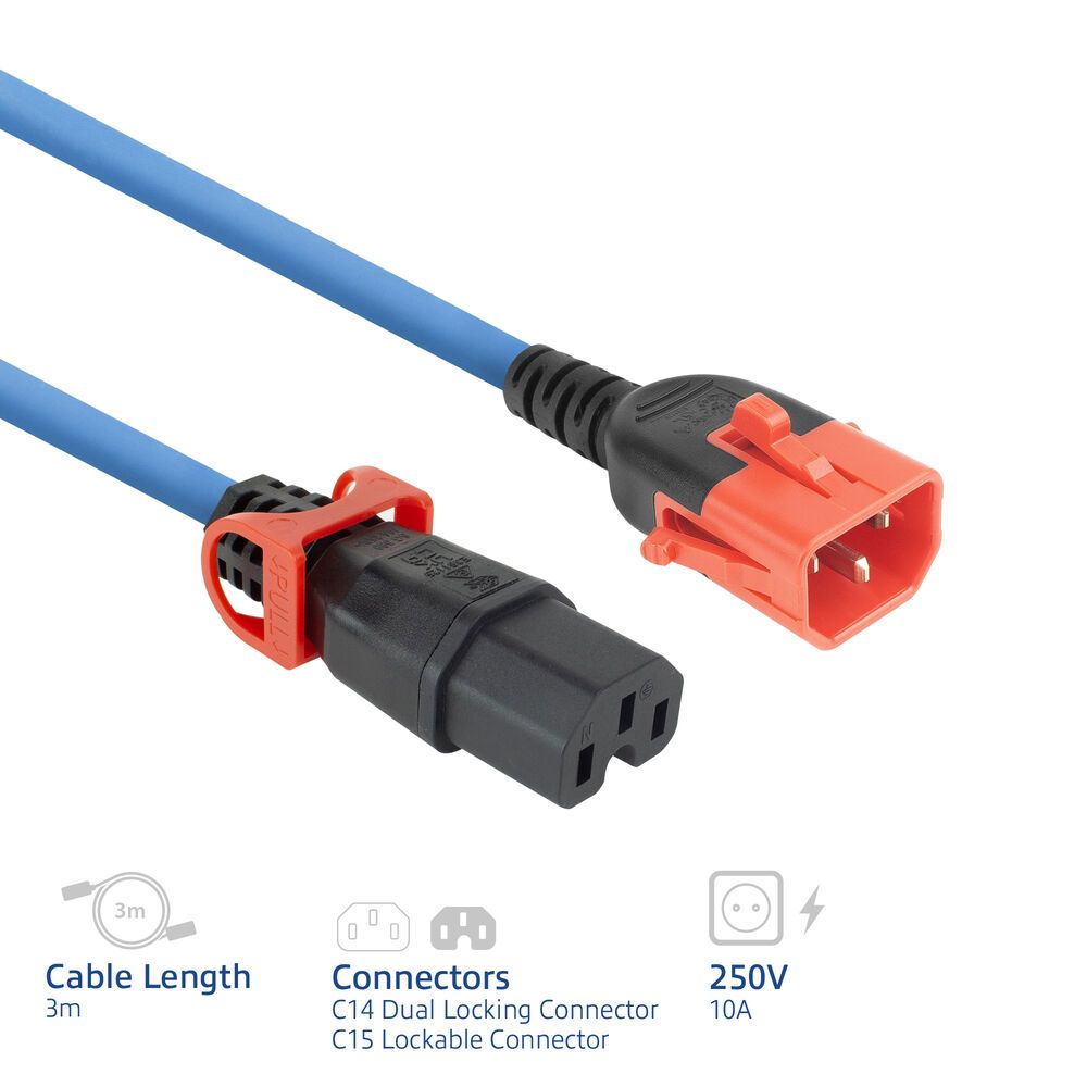 ACT PL0073 Powercord C14 IEC Lock+ Dual Locking - C15 IEC Lock+ 3m Blue