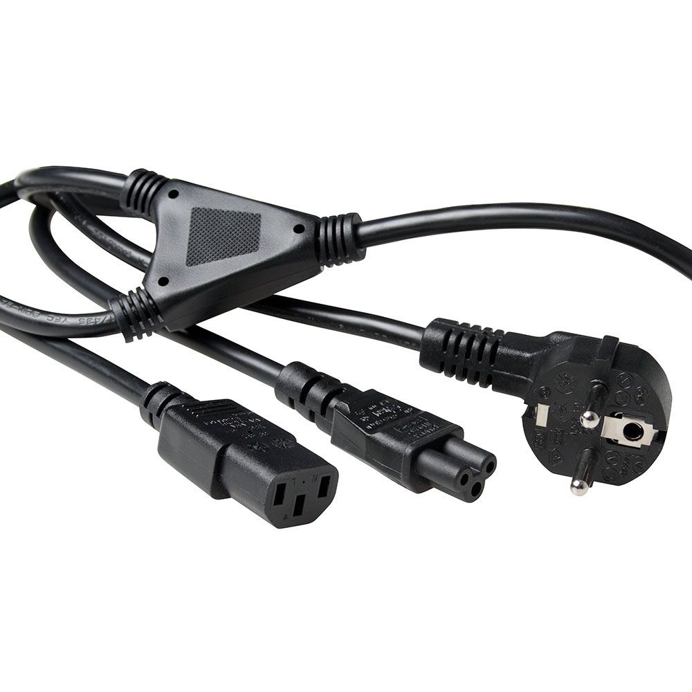 ACT Powercord split cable mains connector CEE7/7 male (angled) - 1 x C13 + 1 x C5 1,8m Black