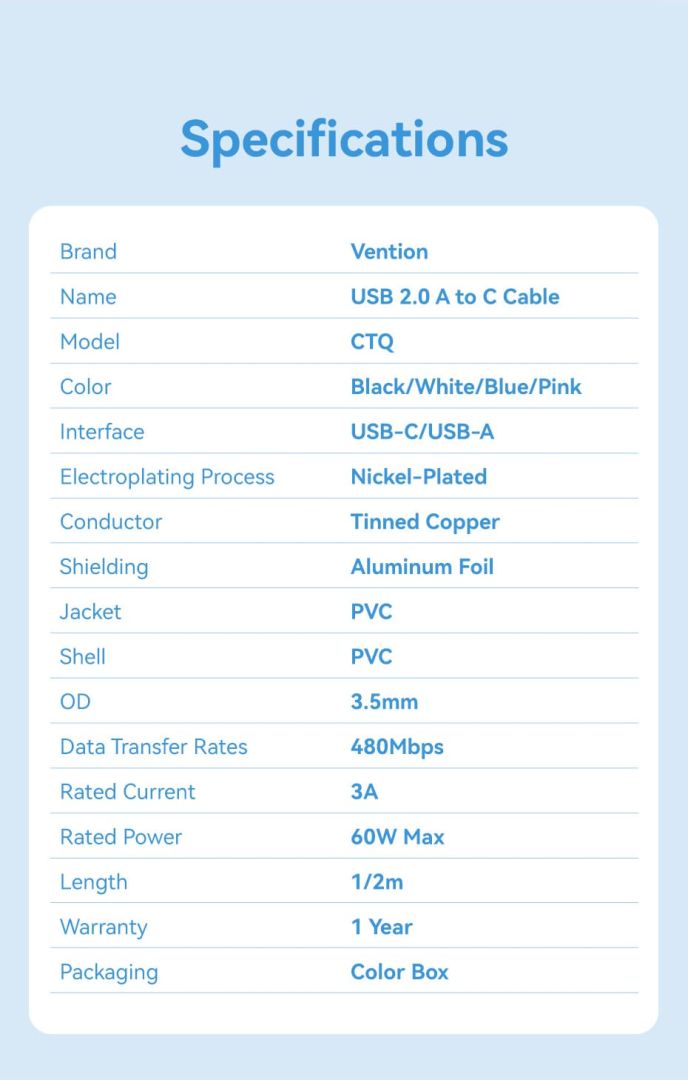 Vention USB 2.0 A Male to C Male 3A PVC Type cable 2m White