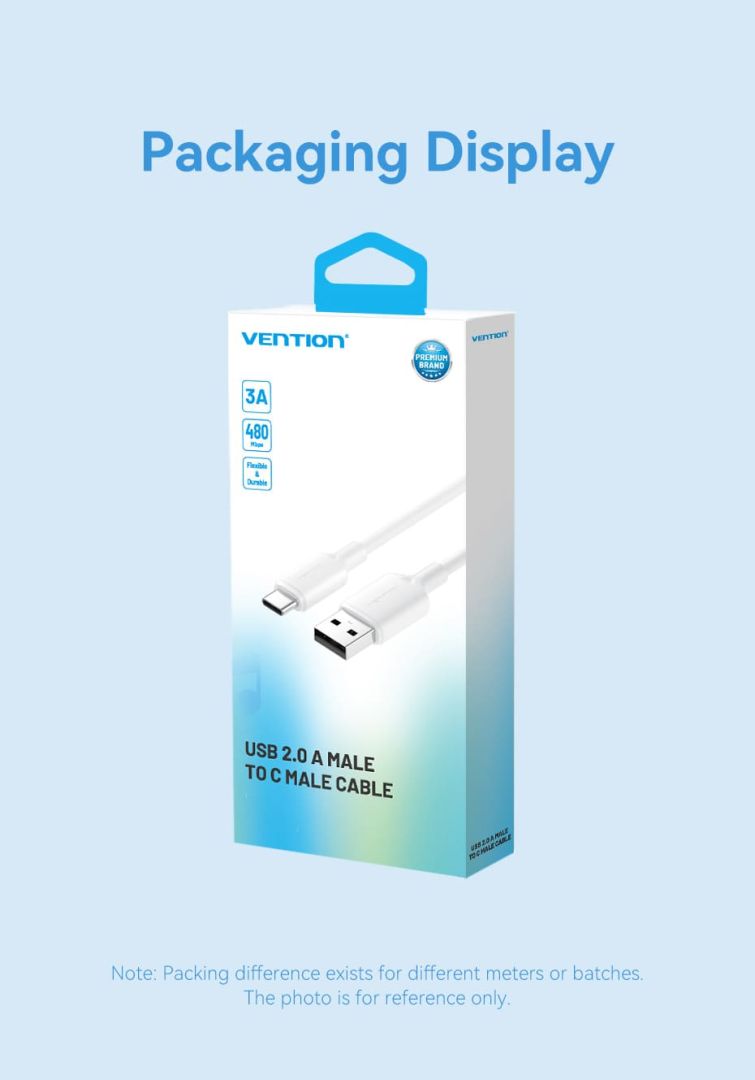 Vention USB 2.0 A Male to C Male 3A PVC Type cable 2m White