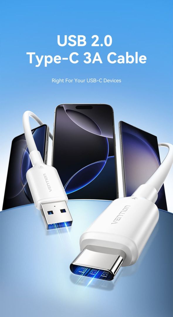 Vention USB 2.0 A Male to C Male 3A PVC Type cable 2m White