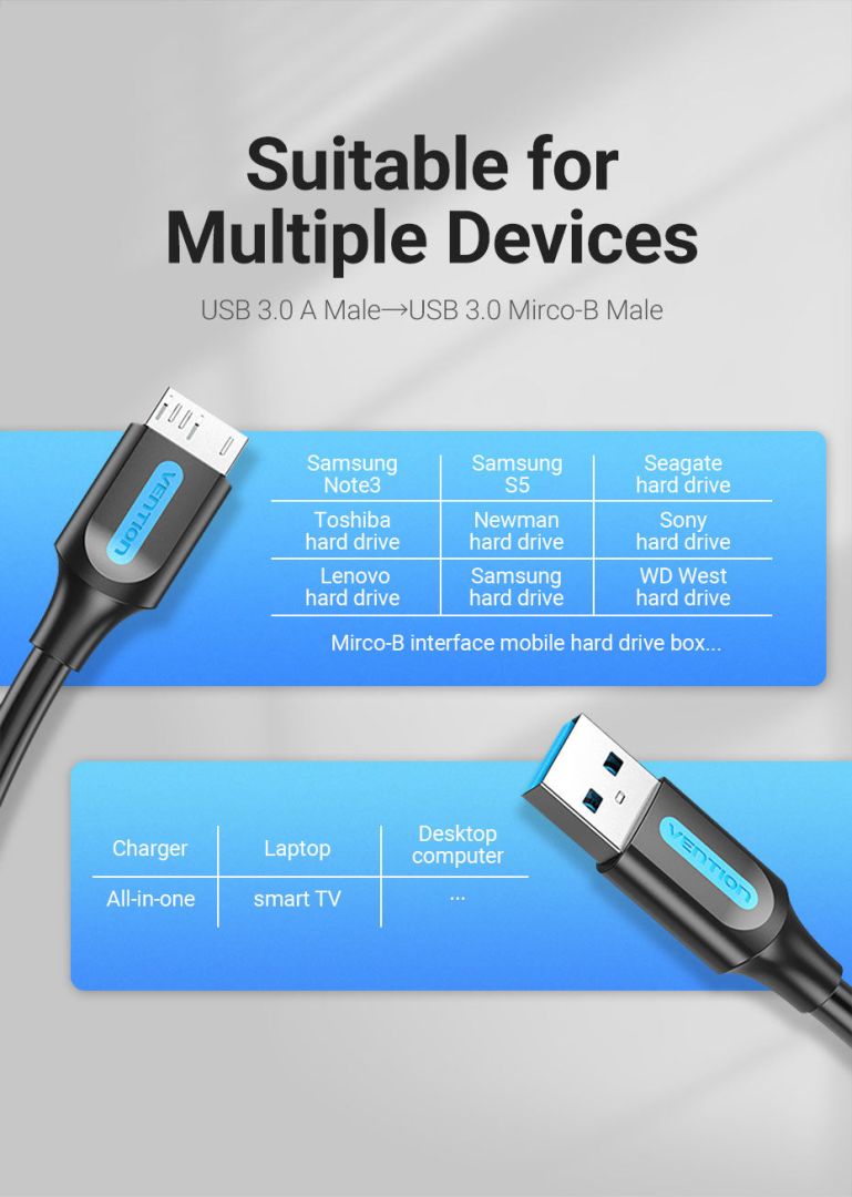 Vention USB 3.0 A Male to Micro-B Male PVC Type cable 1,5m Black