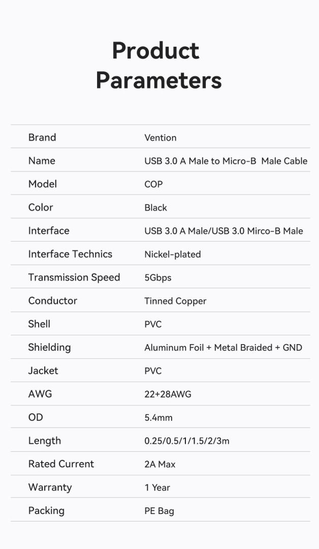 Vention USB 3.0 A Male to Micro-B Male PVC Type cable 1,5m Black