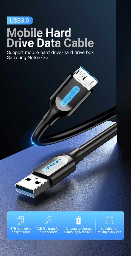 Vention USB 3.0 A Male to Micro-B Male PVC Type cable 1,5m Black