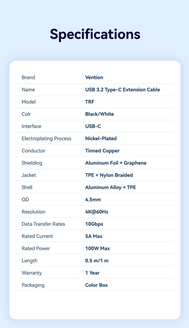 Vention USB 3.2 Gen2 C Male to C Female 10Gbps Extension Aluminum Alloy Type cable 0,5m Black