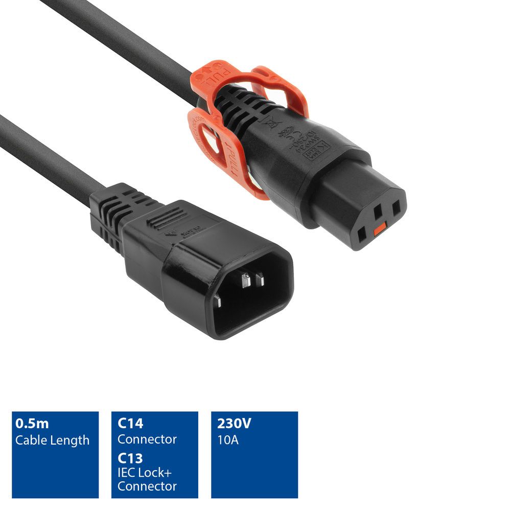 ACT Powercord C13 IEC Lock+ - C14 0,5m Black