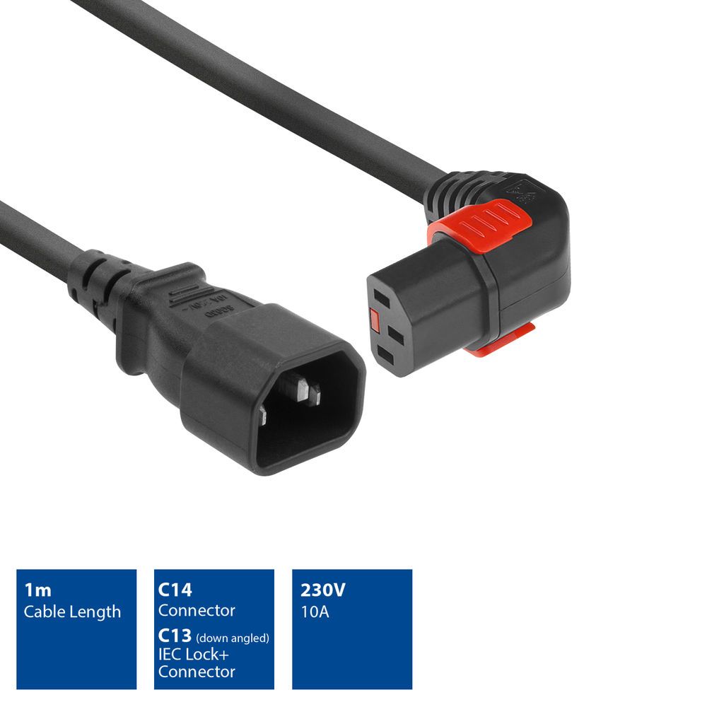 ACT Powercord C14 - C13 IEC Lock (down angled) 1m Black