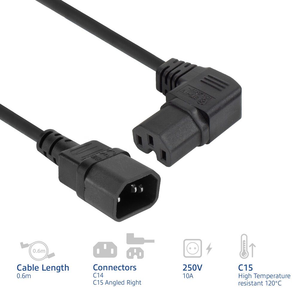 ACT Powercord C14 - C15 (angled right) 0,6m Black
