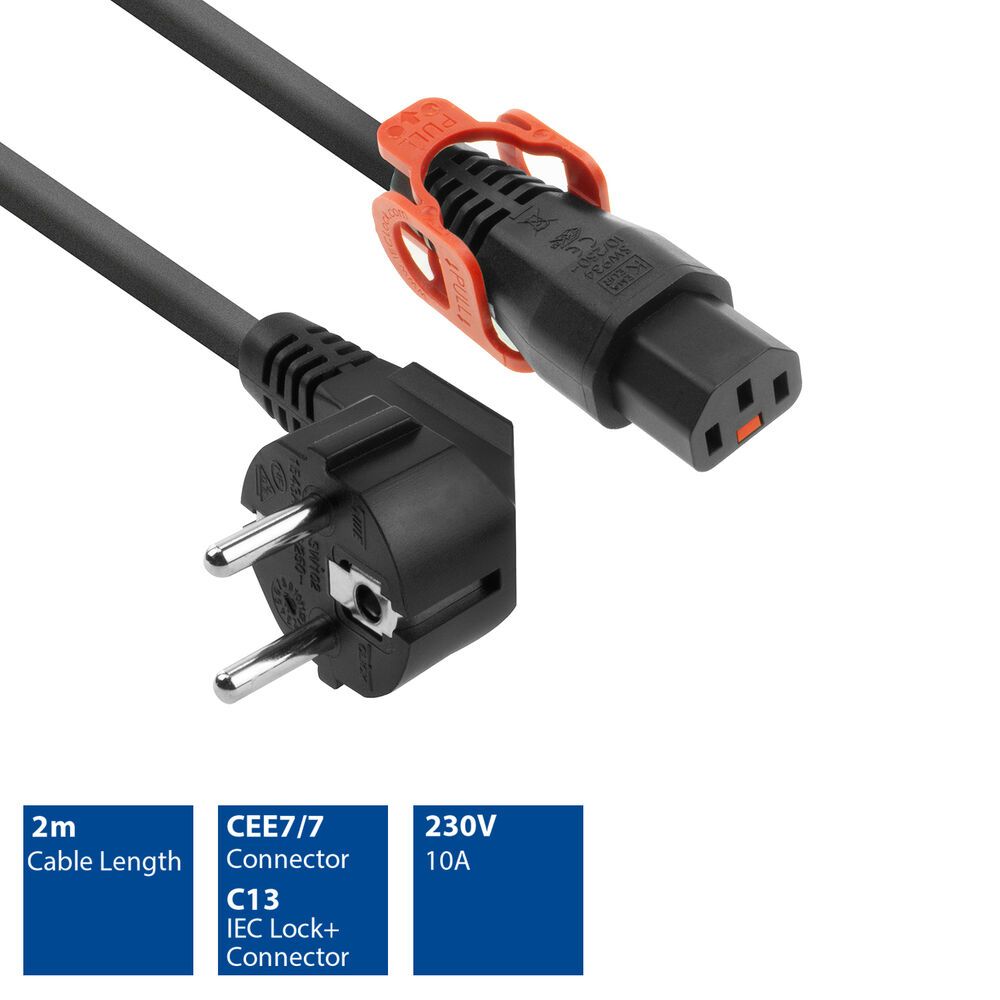 ACT Powercord CEE 7/7 male (angled) - C13 IEC Lock+ 2m Black 5-pack