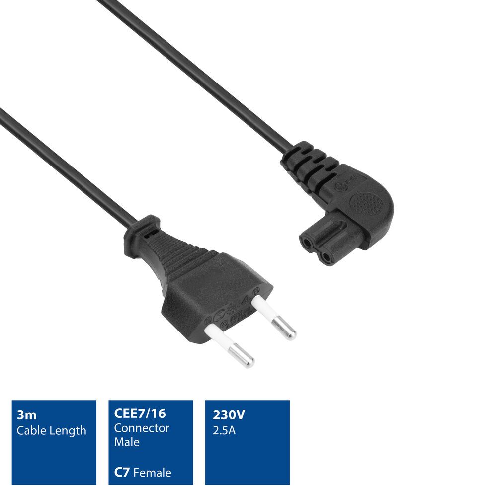 ACT Powercord Euro male - C7 female (angled left/right) 3m Black