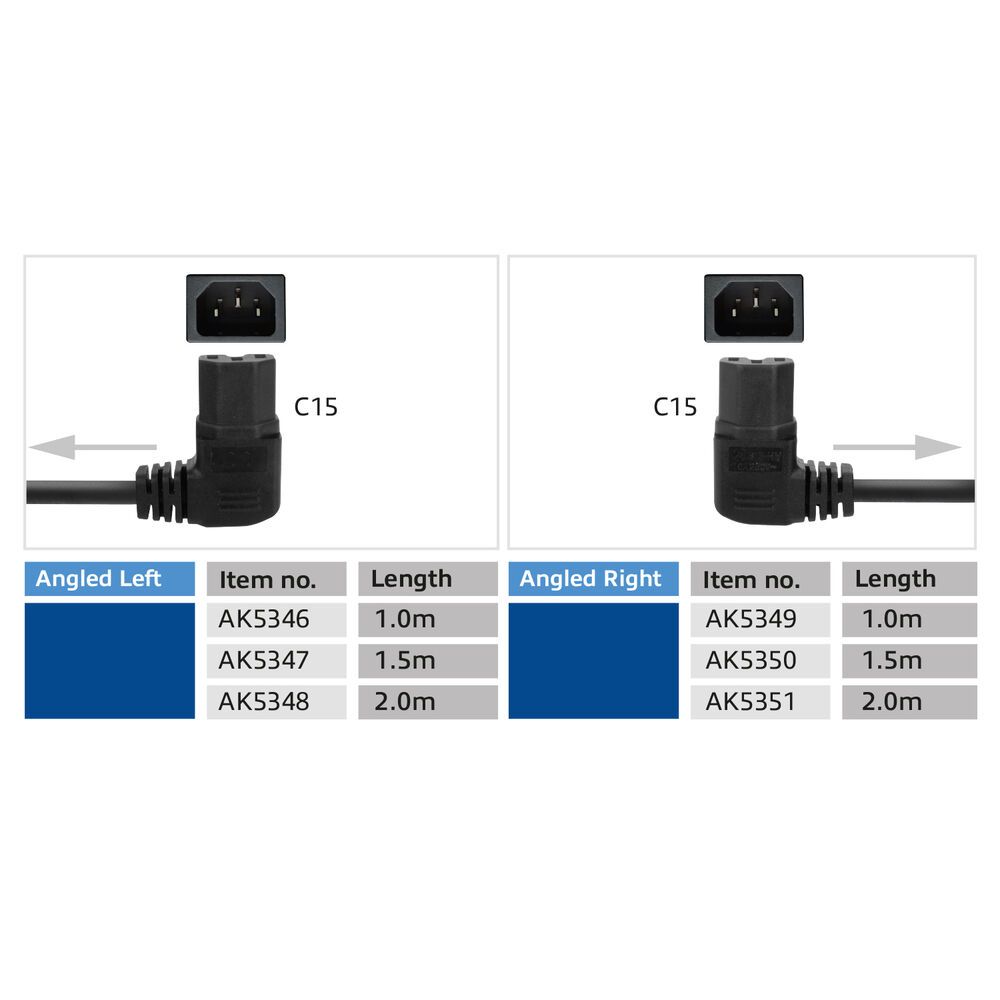 ACT Powercord mains connector Schuko CEE 7/7 male (angled) - C15 (angled left) IEC 60320 1m Black