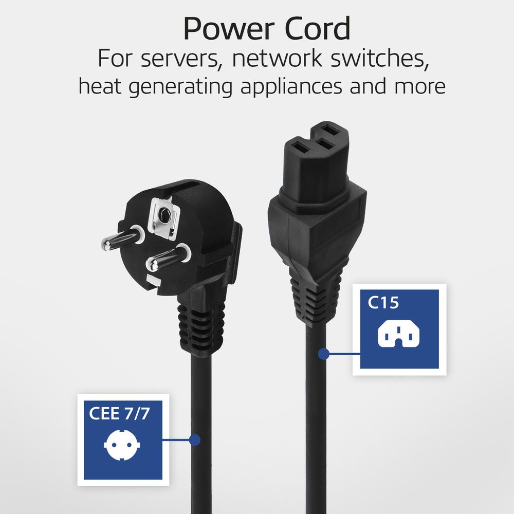 ACT Powercord mains connector Schuko CEE 7/7 male (angled) - C15 IEC 60320 1m Black
