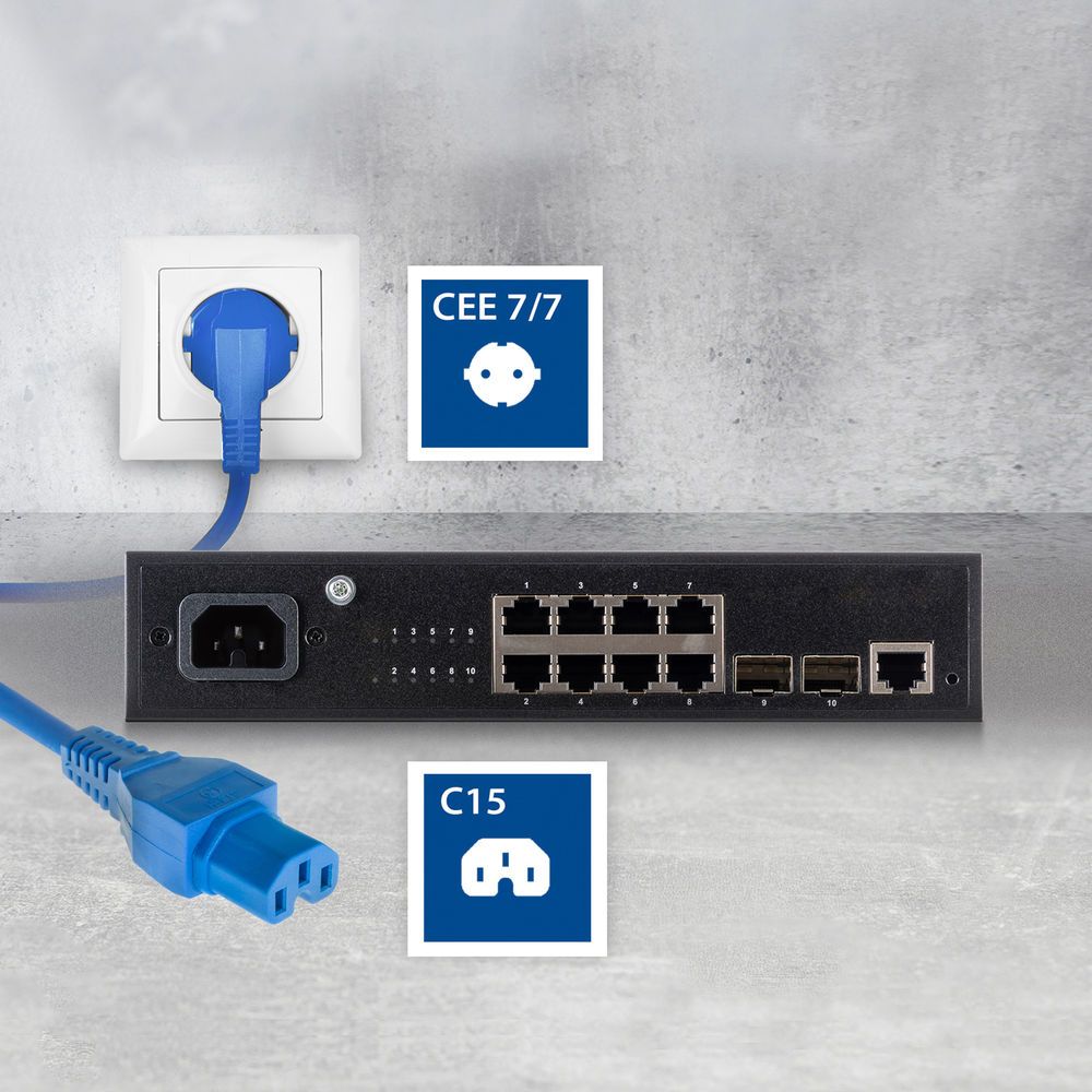 ACT Powercord mains connector Schuko CEE 7/7 male (angled) - C15 IEC 60320 2 m Blue