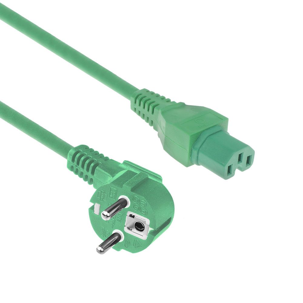 ACT Powercord mains connector Schuko CEE 7/7 male (angled) - C15 IEC 60320 1m Green