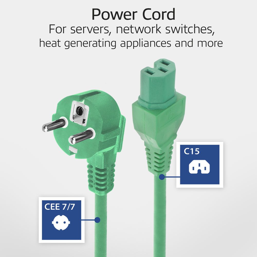 ACT Powercord mains connector Schuko CEE 7/7 male (angled) - C15 IEC 60320 2m Green