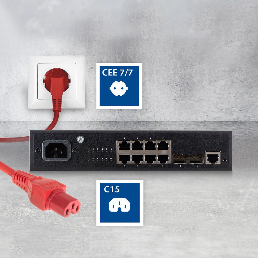 ACT Powercord mains connector Schuko CEE 7/7 male (angled) - C15 IEC 60320 1m Red