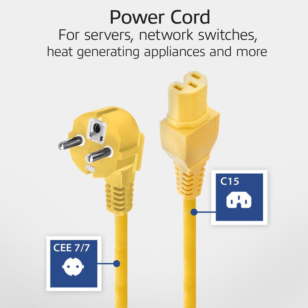 ACT Powercord mains connector Schuko CEE 7/7 male (angled) - C15 IEC 60320 2m Yellow