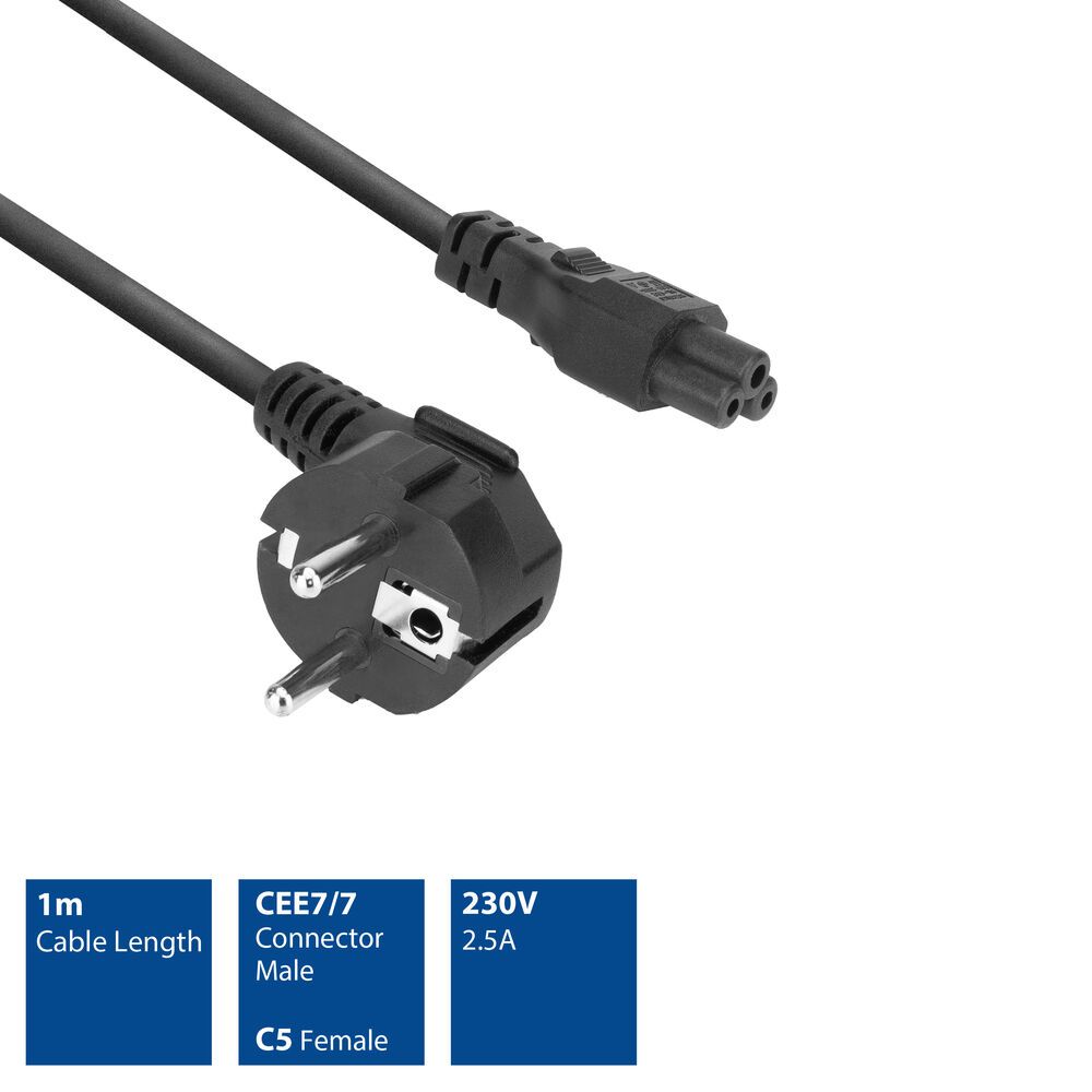 ACT Powercord mains connector Schuko CEE 7/7 male (angled) - C5 IEC 60320 1m Black