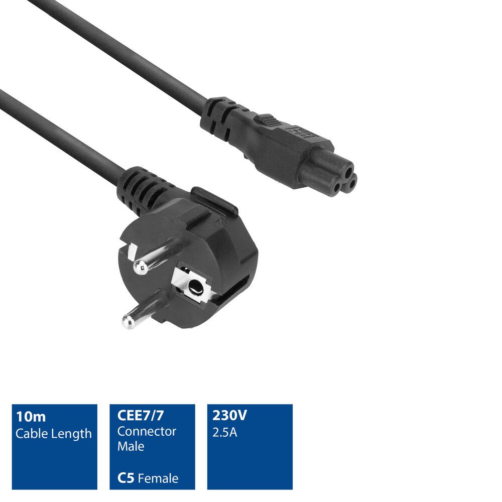 ACT Powercord mains connector Schuko CEE 7/7 male (angled) - C5 IEC 10m Black