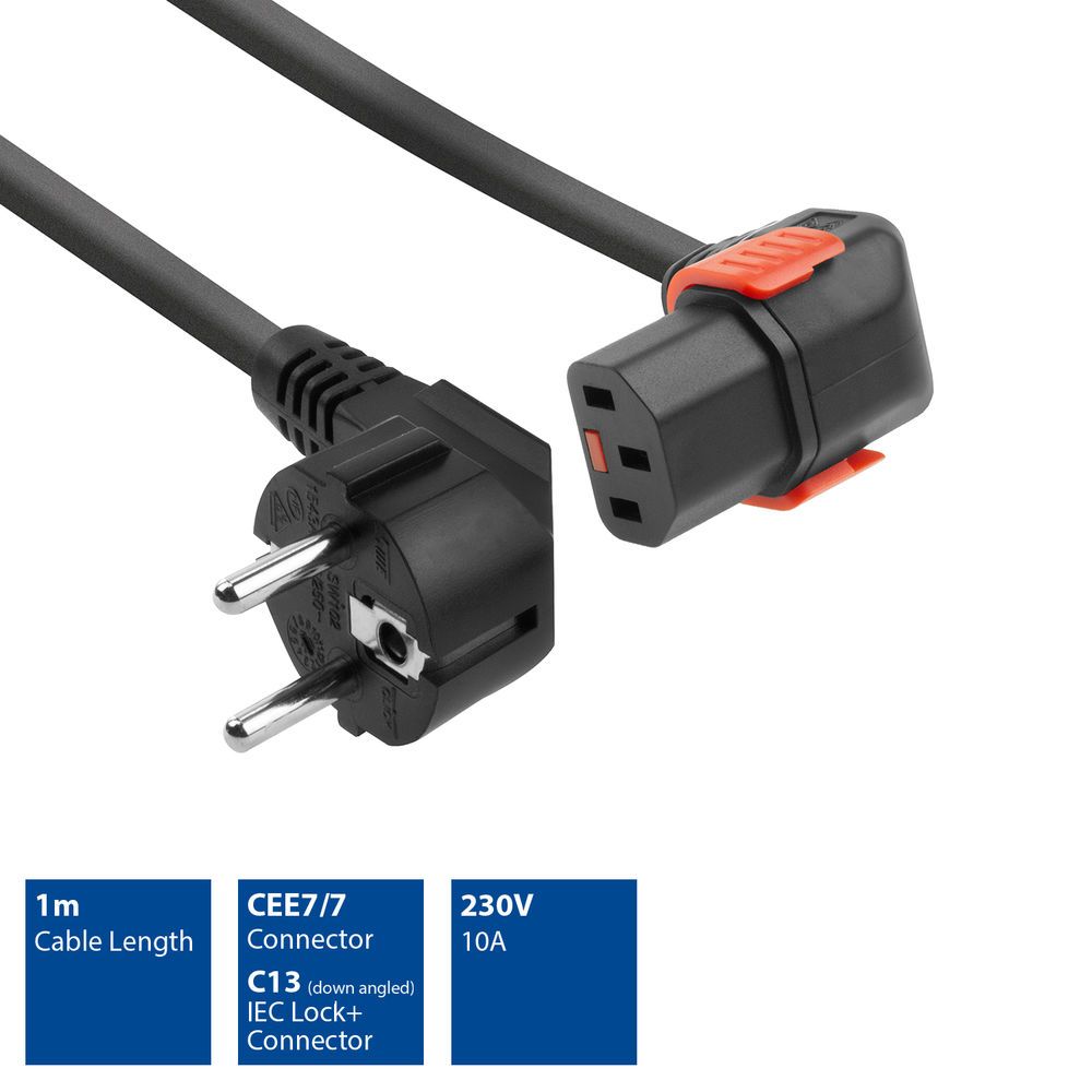 ACT Powercord Schuko CEE 7/7 male (angled) - C13 IEC Lock (down angled) 1m Black