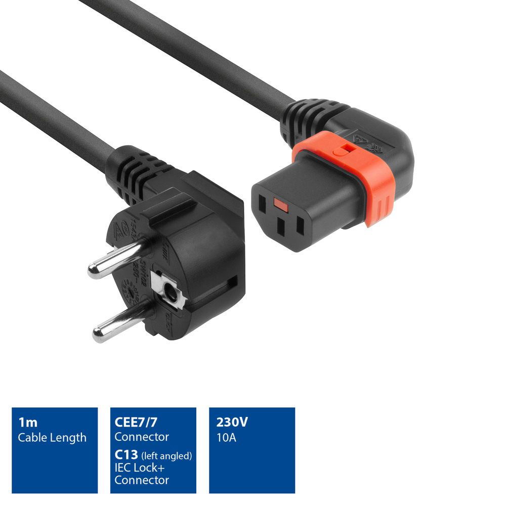 ACT Powercord Schuko CEE 7/7 male (angled) - C13 IEC Lock (left angled) 1m Black