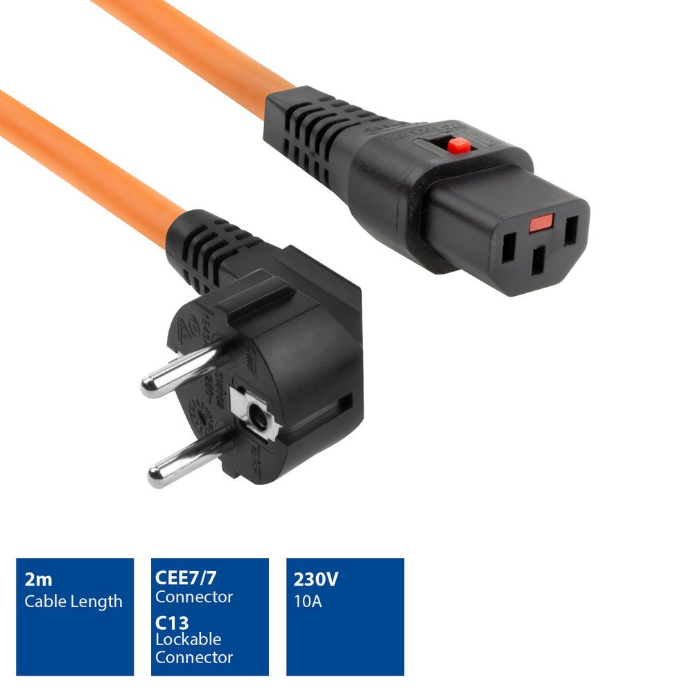 ACT Powercord Schuko CEE 7/7 male (angled) - C13 IEC Lock 2m Orange