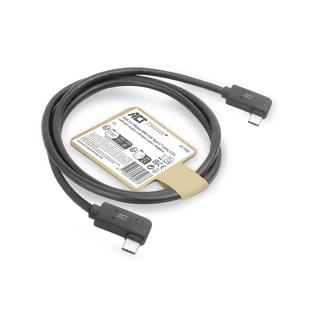 ACT USB 3.0 60W USB Type-C (left/right angled) to USB Type-C (left/right angled) Cable 0,5m Black