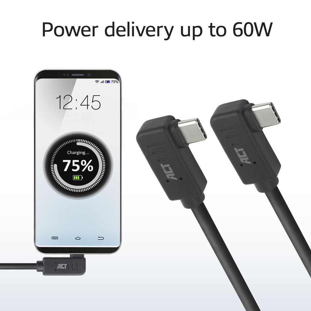 ACT USB 3.0 60W USB Type-C (left/right angled) to USB Type-C (left/right angled) Cable 1m Black