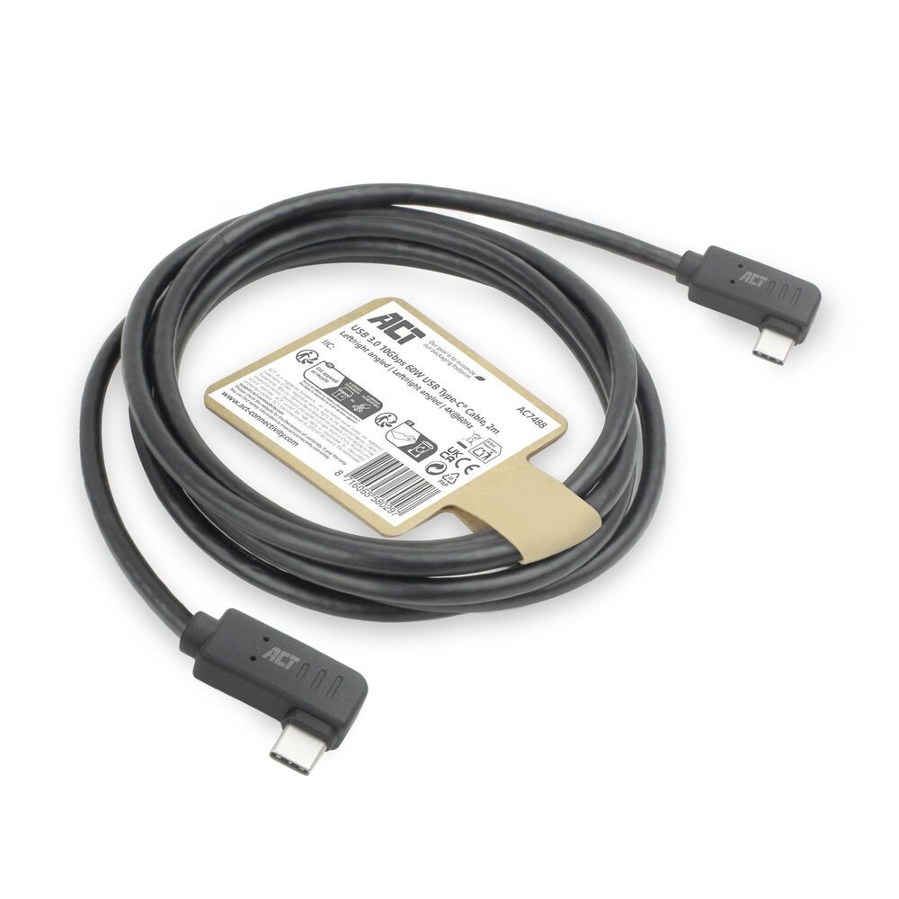ACT USB 3.0 60W USB Type-C (left/right angled) to USB Type-C (left/right angled) Cable 2m Black