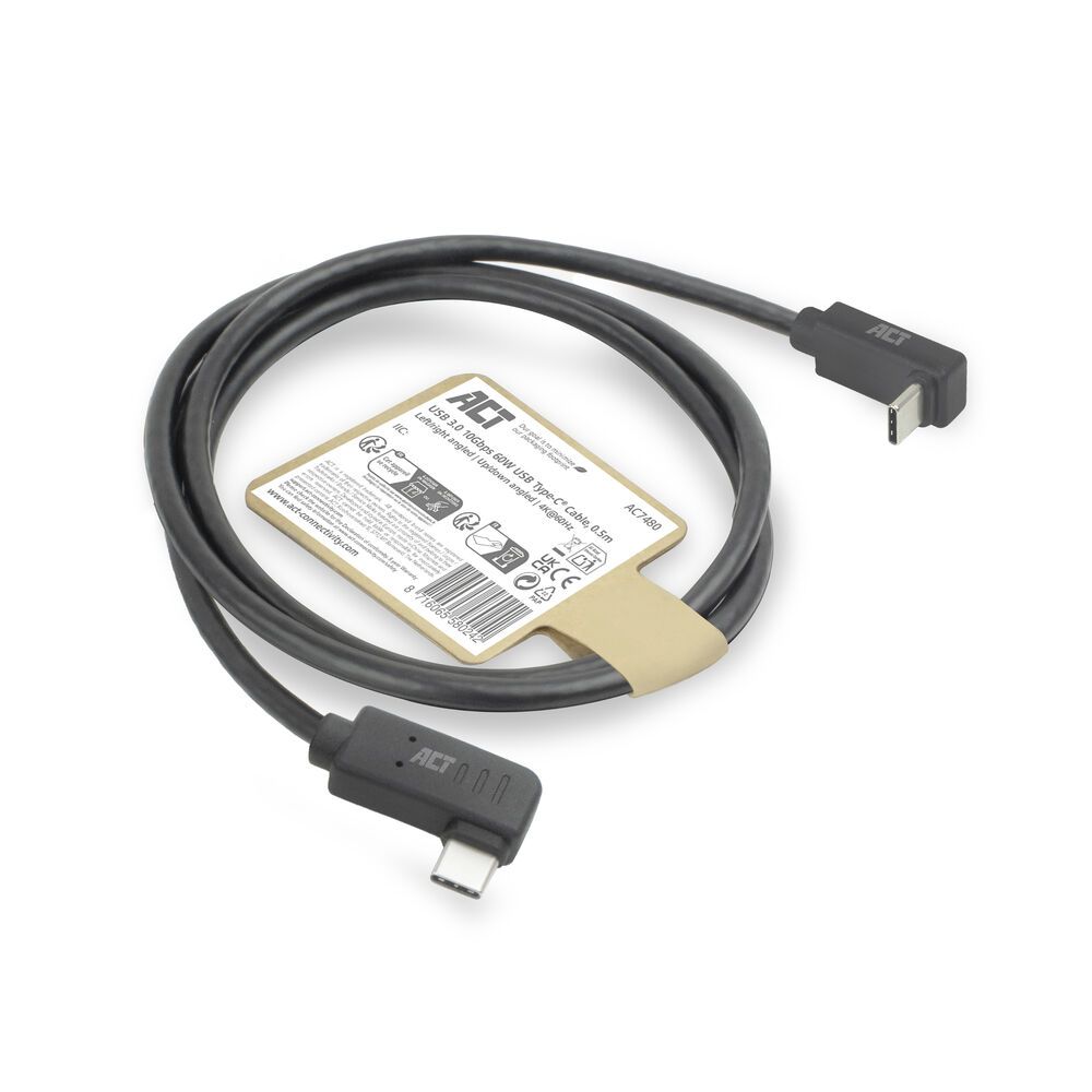 ACT USB 3.0 60W USB Type-C (left/right angled) to USB Type-C (up/down angled) Cable 0,5m Black
