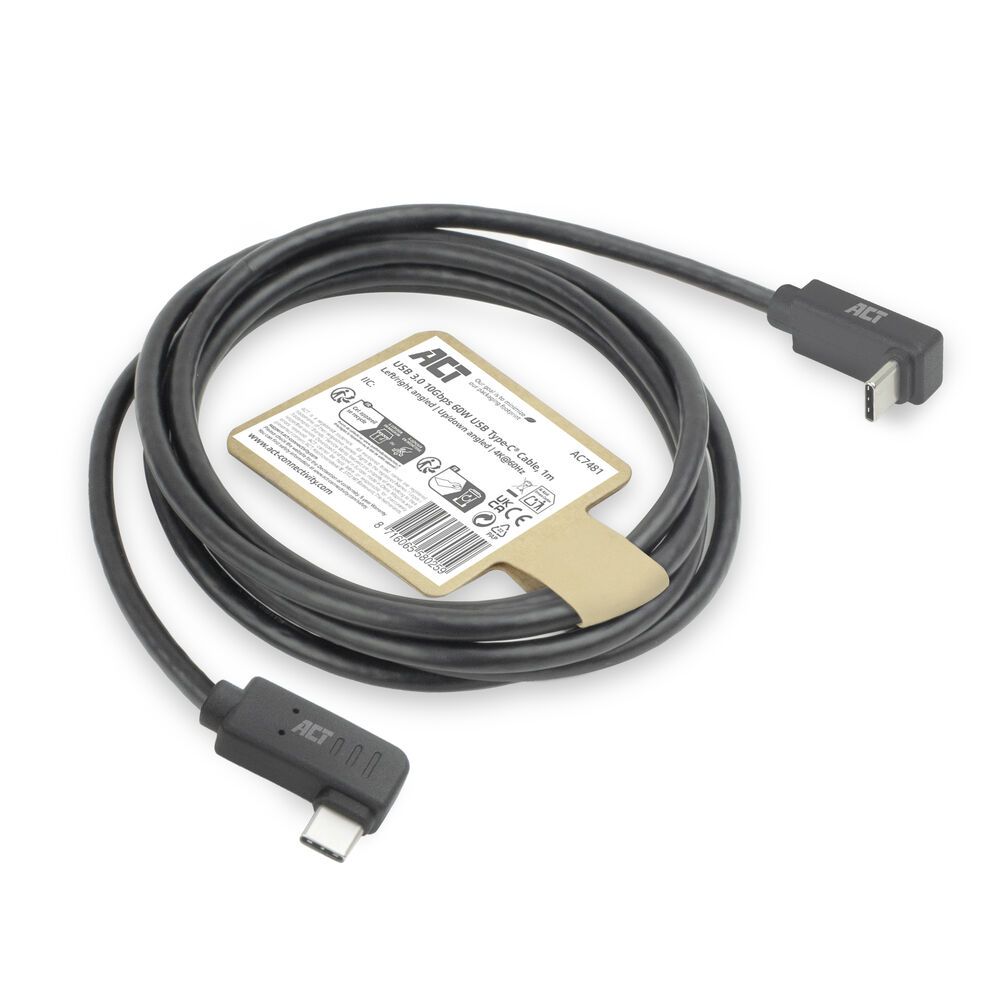 ACT USB 3.0 60W USB Type-C (left/right angled) to USB Type-C (up/down angled) Cable 1m Black