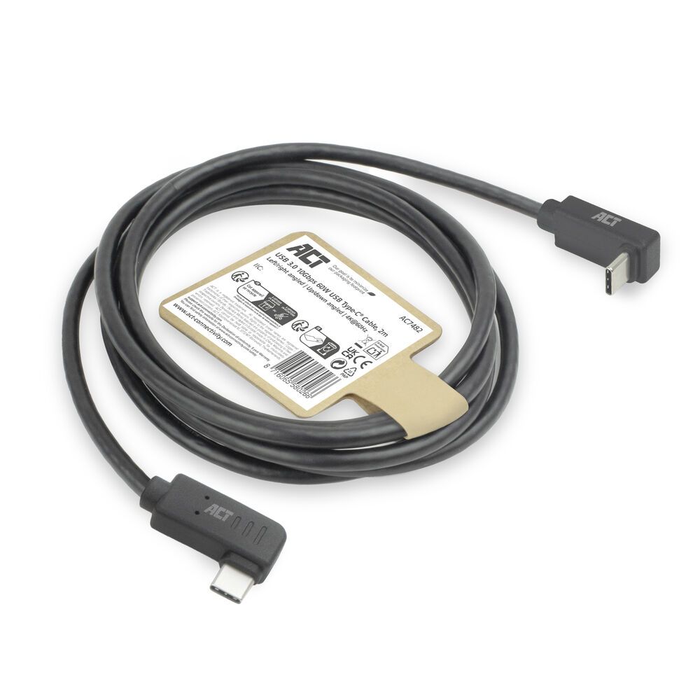 ACT USB 3.0 60W USB Type-C (left/right angled) to USB Type-C (up/down angled) Cable 2m Black