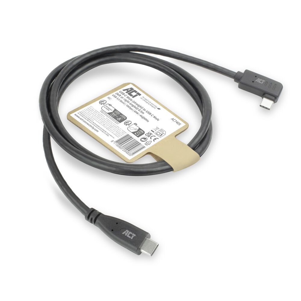ACT USB 3.0 60W USB Type-C (straight) to USB Type-C (left/right angled) Cable 0,5m Black