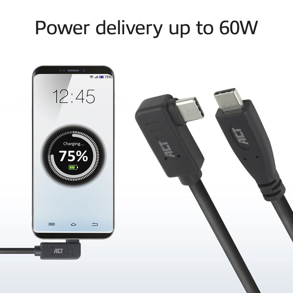 ACT USB 3.0 60W USB Type-C (straight) to USB Type-C (left/right angled) Cable 3m Black