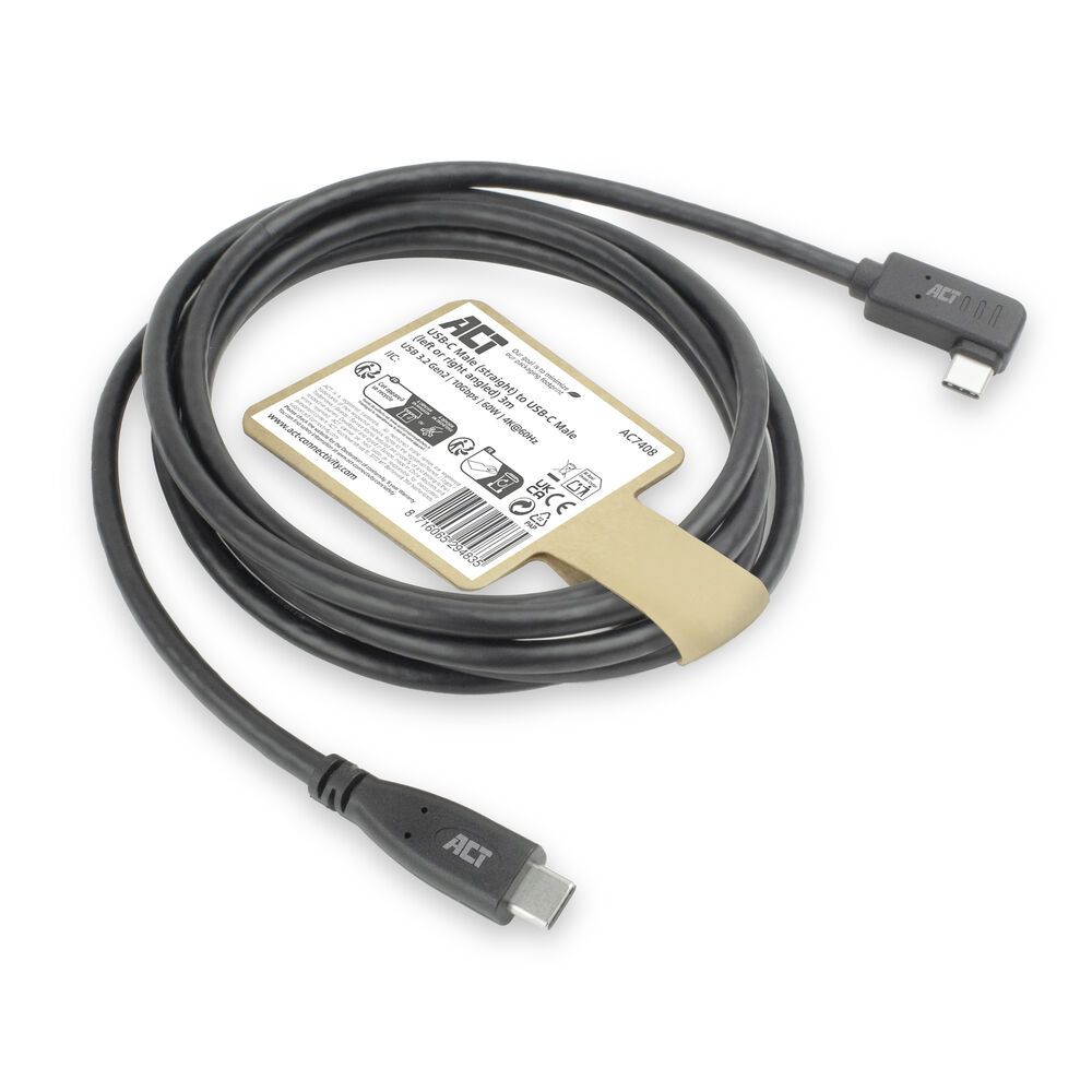 ACT USB 3.0 60W USB Type-C (straight) to USB Type-C (left/right angled) Cable 3m Black