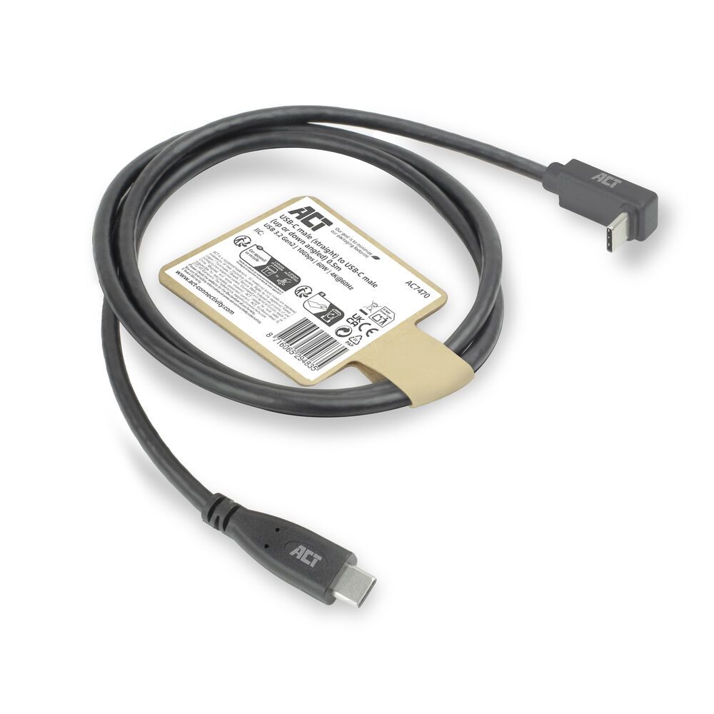 ACT USB 3.0 60W USB Type-C (straight) to USB Type-C (left/right angled) Cable 0,5m Black