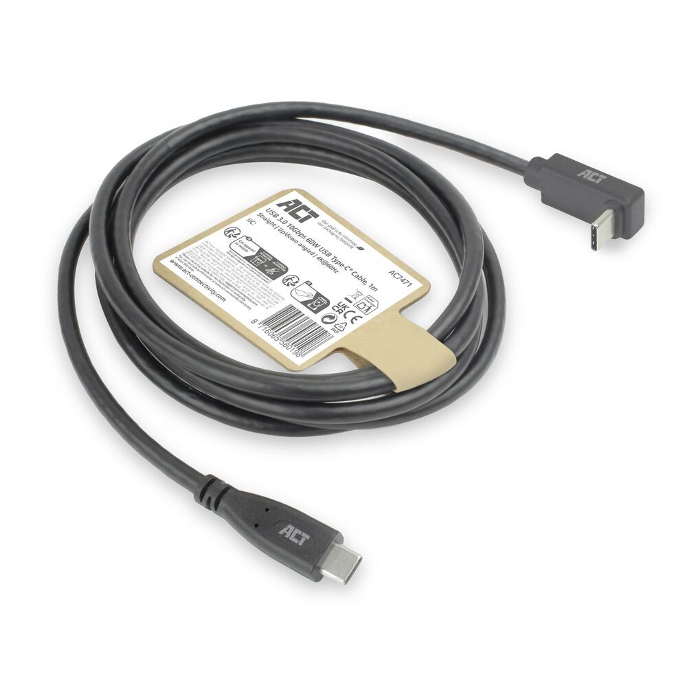 ACT USB 3.0 60W USB Type-C (straight) to USB Type-C (left/right angled) Cable 1m Black