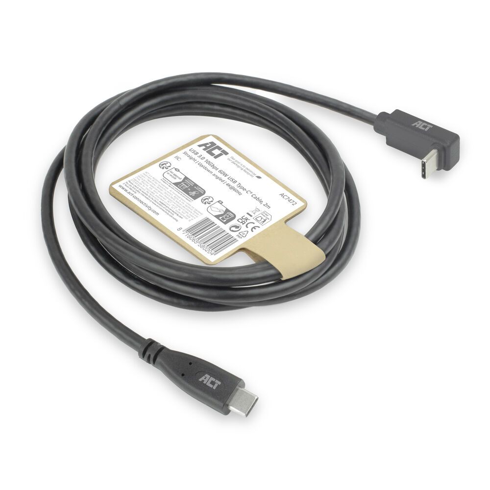 ACT USB 3.0 60W USB Type-C (straight) to USB Type-C (left/right angled) Cable 2m Black