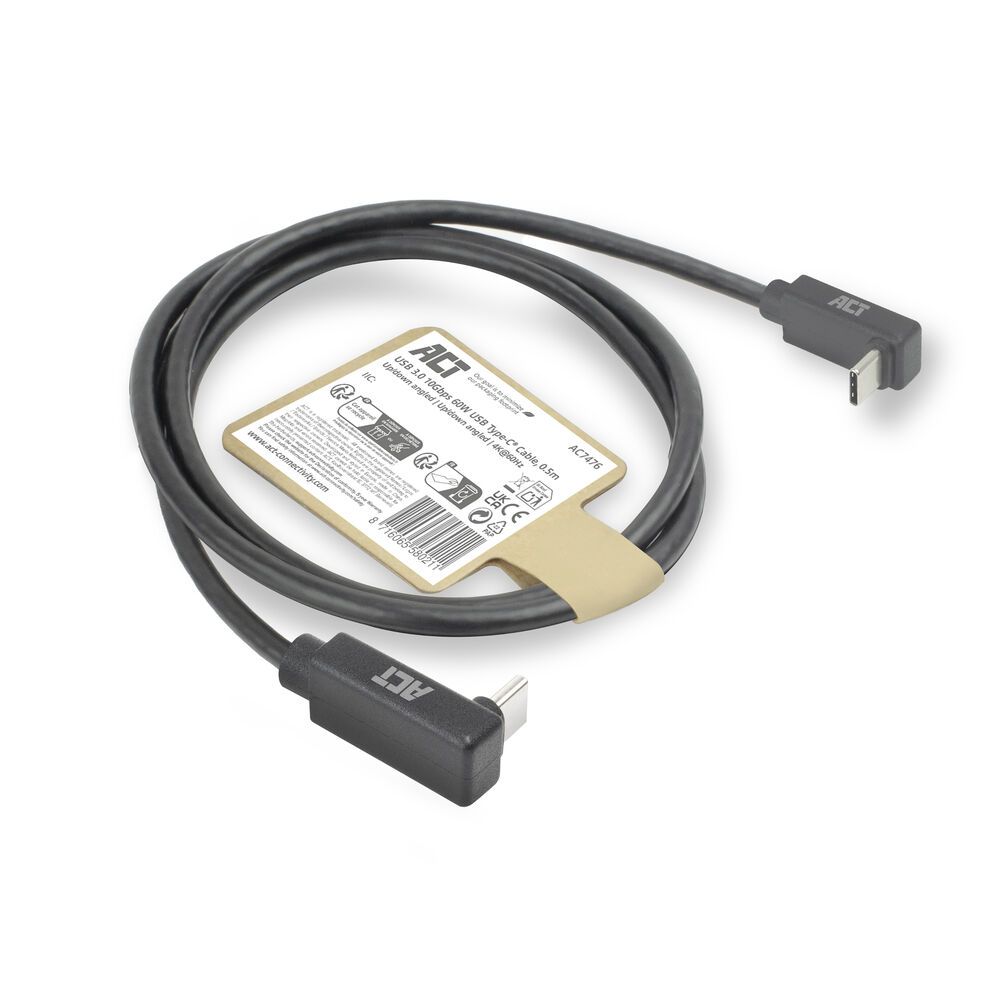ACT USB 3.0 60W USB Type-C (up/down angled) to USB Type-C (up/down angled) 0,5m Black