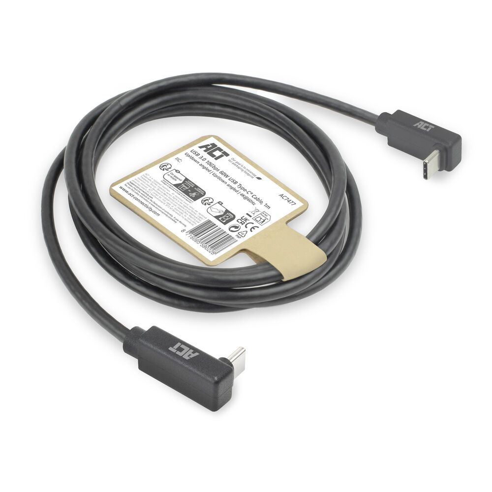 ACT USB 3.0 60W USB Type-C (up/down angled) to USB Type-C (up/down angled) 1m Black
