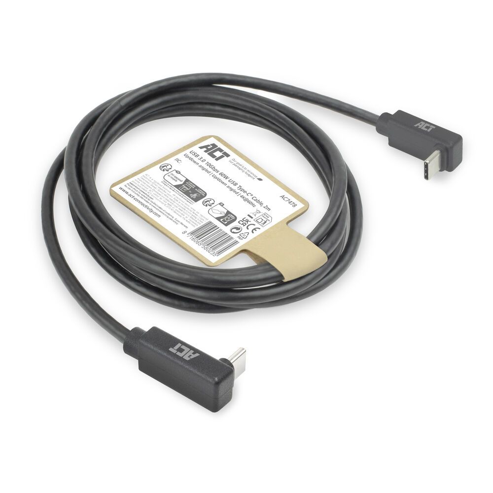 ACT USB 3.0 60W USB Type-C (up/down angled) to USB Type-C (up/down angled) 2m Black