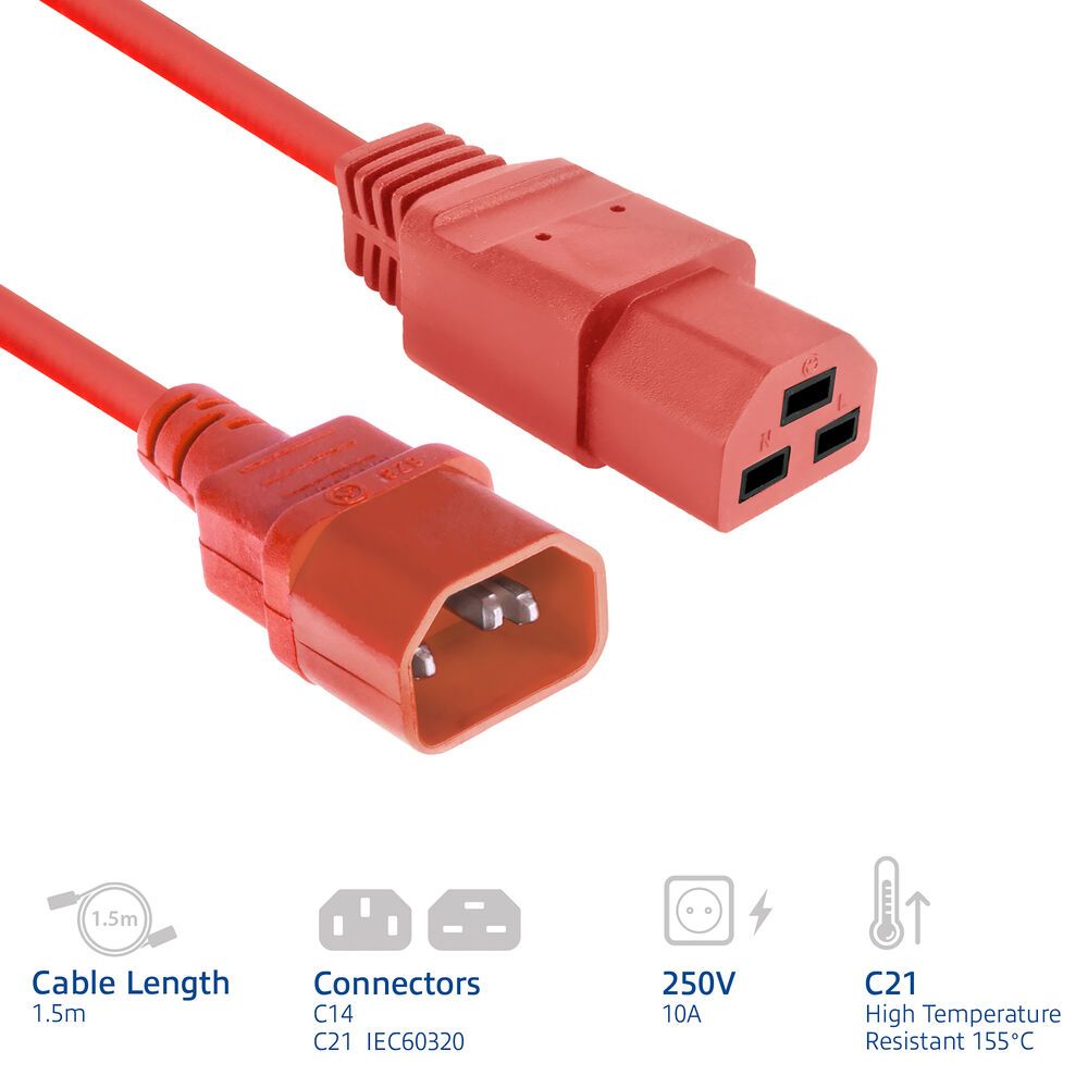 ACT Powercord C14 male- C21 famale 1,5m Red