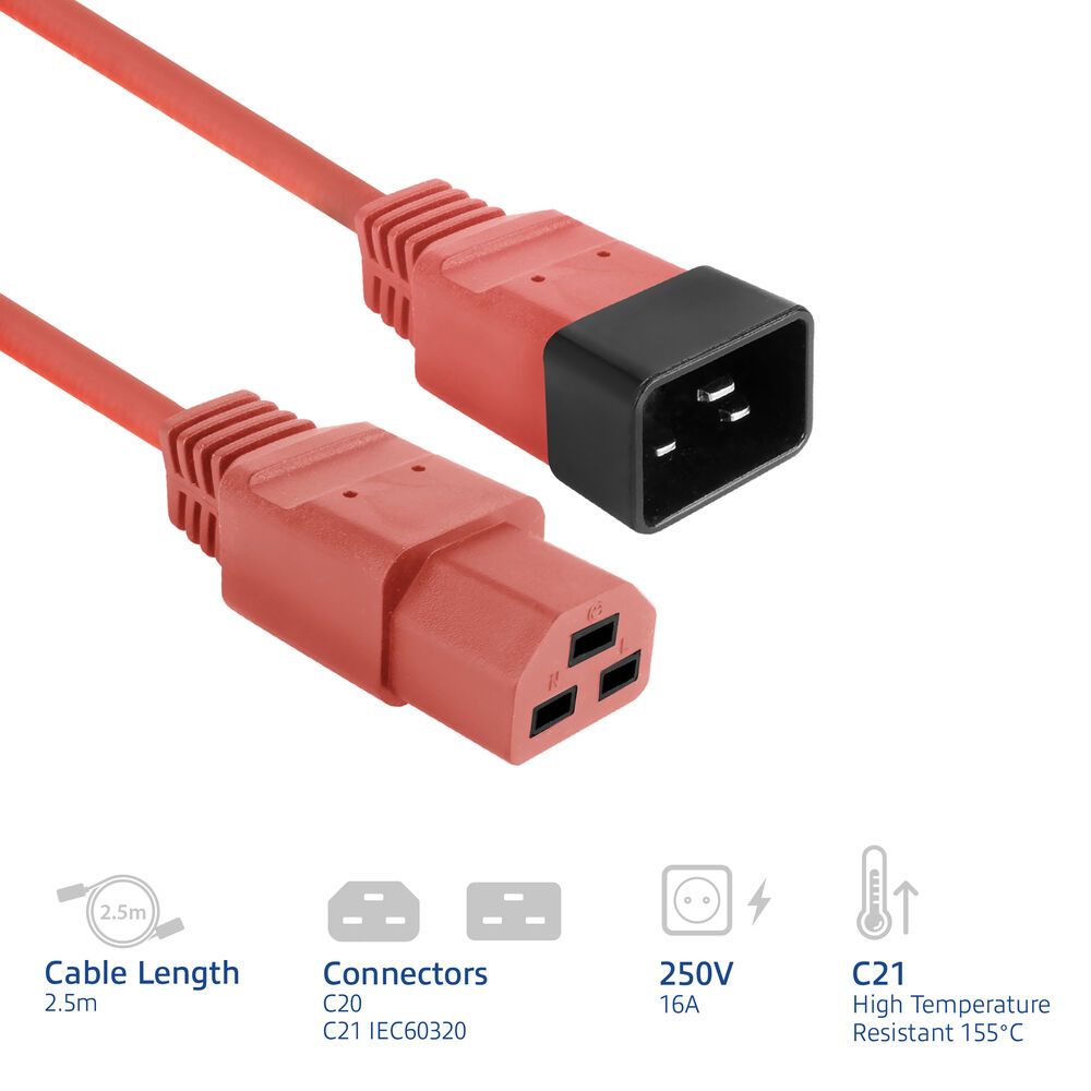 ACT Powercord C20 male - C21 famale 2,5m Red