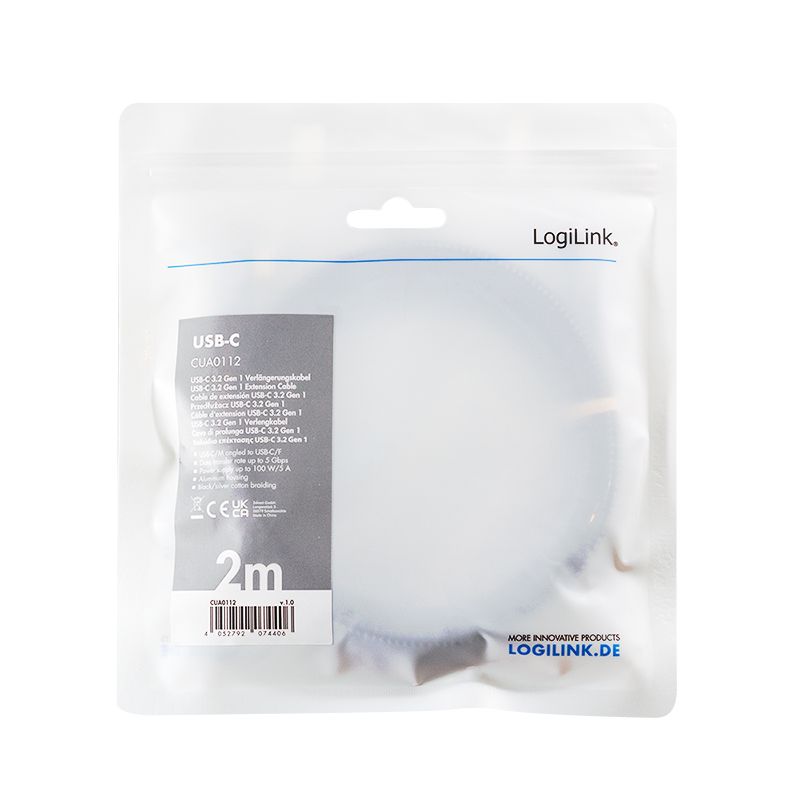 Logilink USB 3.2 Gen1 Type-C cable C/M 90° to C/F 2m Black/Grey