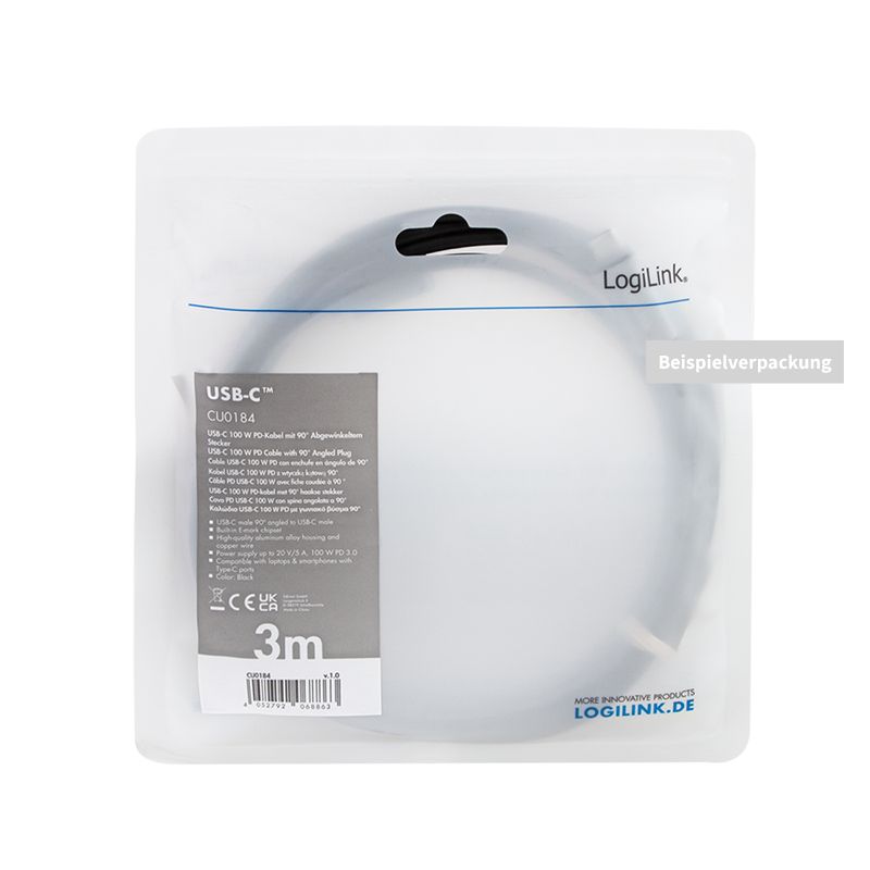 Logilink USB 2.0 Type-C cable, C/M 90° to C/M 2m Black