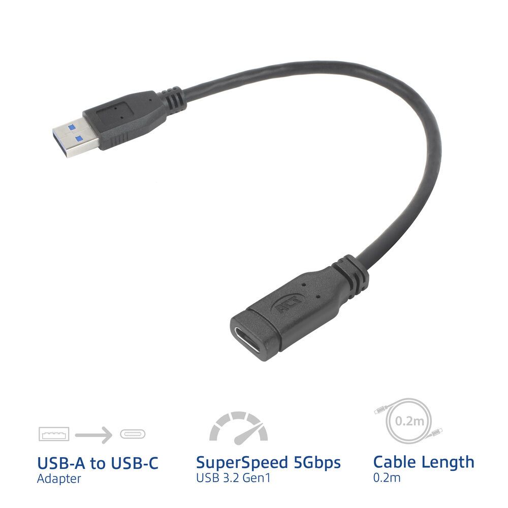ACT USB Type-A male to USB Type-C female adapter cable 0,2m Black
