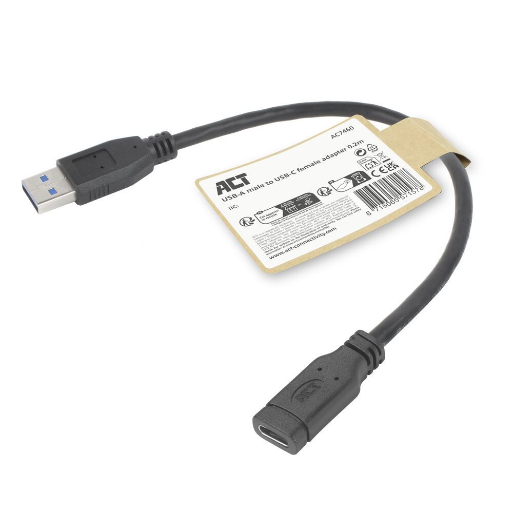 ACT USB Type-A male to USB Type-C female adapter cable 0,2m Black