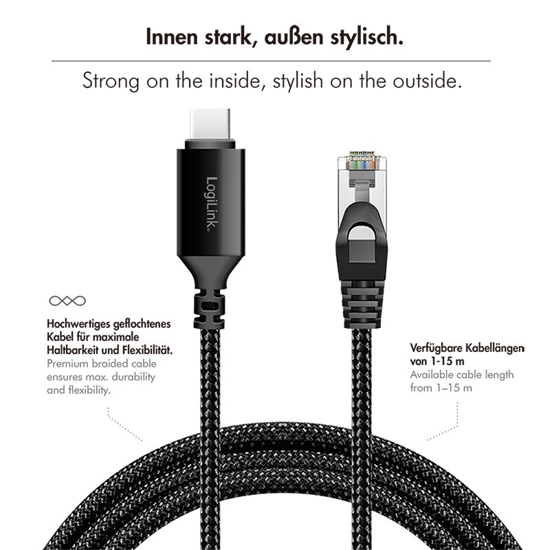 Logilink USB 3.2 Type-C Ethernet cable Black/Grey